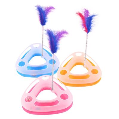 China Viable Cat Turntable Toy Cat Playing Triangle Dish Cat Chase Toy with Spring Feather Bell Ball for sale