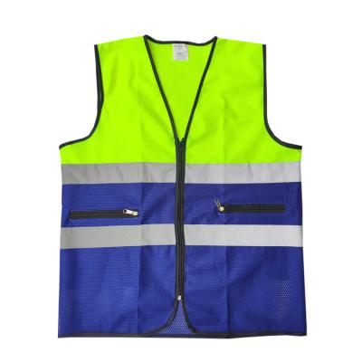 China Cheap Fluorescent Yellow And Blue Mesh Lime Green Reflective Safety Protective Vest With Zipper Pocket for sale