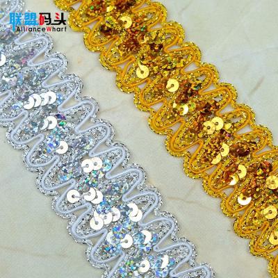 China Viable gold and silver braiding sequins lace up ribbon stage show costume accessories DIY polyester materials lace up trims for sale