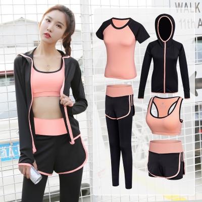 China Breathable Women Women 5 Pcs Yoga Set Clothing Fitness Wear Shorts Bra Pants Jacket Legging Sport Wear for sale