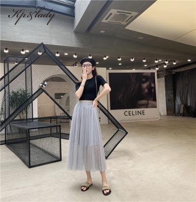 China 2020 Breathable Spring And Summer High-waist Three-Layer Chat Slimming Mesh Pleated Long Skirt Large Drape Mid Length A-Line Skirt for sale