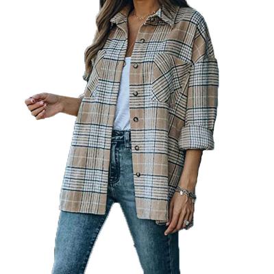 China Autumn Retro Plaid Shirts Women Coats Viable Button Pockets Loose Coats Mid Length Long Sleeve Coats Ladies Shirts for sale