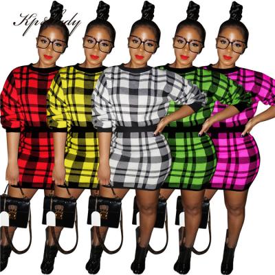 China New spring QUICK DRY fashion round neck plaid printing hip thick skirt bag sweater two-piece suit for sale