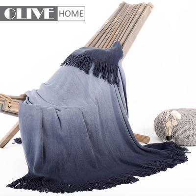 China Newest Anti-pilling Super Soft Hang Dyed Ombre Thick Tricot Knitted Throw Blanket With Fringes for sale