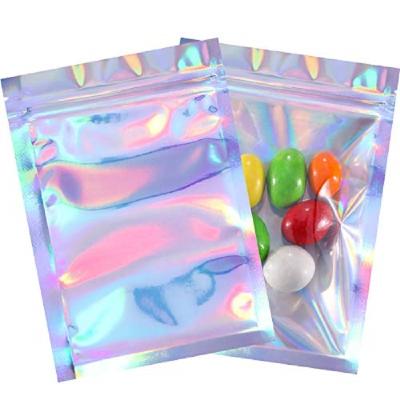 China 100MOQ Custom Logo Candy Laser Mini Plastic Windows Zipper Package Moisture Proof Holographic Zipper Bags for sale