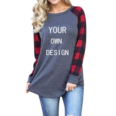 China Wholesale Custom Sleeve Shirts Women Anti-Wrinkle Factory Logo Splicing Tops OEM Diy Full Plaid Baseball Shirt Female Casual Christmas T-shirt for sale