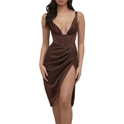 China OEM Fashion Women's Anti-Static Summer Sexy V-Neckline Custom Logo Satin Fishbone Dress Pleated Split Strap Midi Dresses for sale