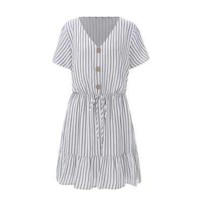 China Fashion Anti-static Women's Summer V-Neck Striped Button Dresses Casual Loose Swing Dress for sale