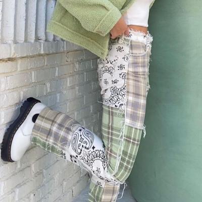 China Anti-wrinkle Fashion Women Clothing Streetwear Paisley Design Patchwork Plaid Vintage Bandana Jeans Pant For Women for sale