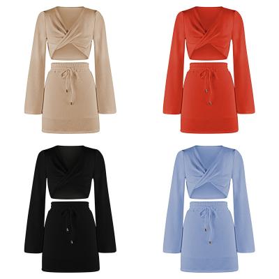 China Custom Solid Color Designer Solid Color Long Sleeve V-Neckline Anti-pilling Drawstring Short Skirt Sexy Ladies Costumes for sale