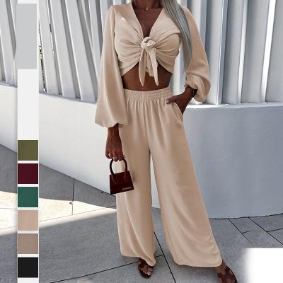 China Hot Sales Fashion Anti-pilling Cardigan Tied Knot Long Sleeve Wide Leg Pants Two Piece Set Suits For Women for sale