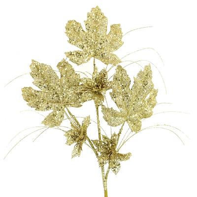 China Plastic Gold Glitter Leaf Cotton Leaf Home Decor Christmas Flower Branch Home Decor Artificial Flower Rose for sale