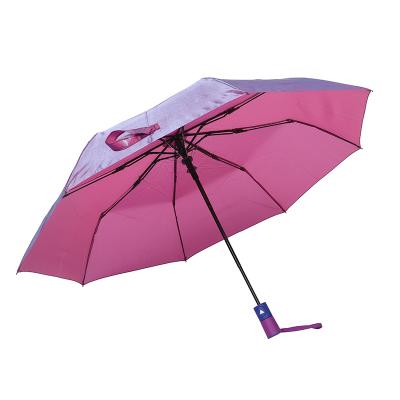 China Pongee Automatic Three Fold Open Adult Umbrella Glossy Purple Umbrella for sale