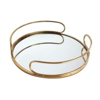 China Wholesale Handmade Gold Wedding Metal Glass Decorative Mirror Around Serving Tray for sale