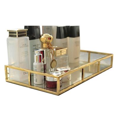 China Handmade Vintage Gold Makeup Vanity Jewelry Rectangular Metal Glass Mirror Tray for sale