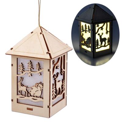 China Wooden House Handmade Hanging Christmas Ornament With Led Light for sale