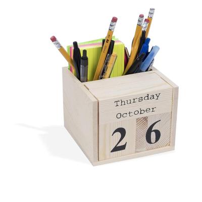 China DIY Wooden Home Decorative Unfinished Cube or Handmade Office Desk Block Calendar with Pen Holder for sale