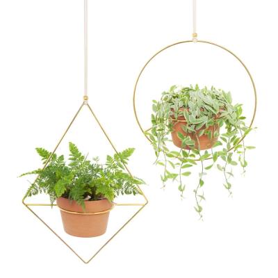 China 2 Pcs Handmade Diamond and Circle Shape Gold Modern Metal Potted Plant Hanging Hanger for Home Decor for sale