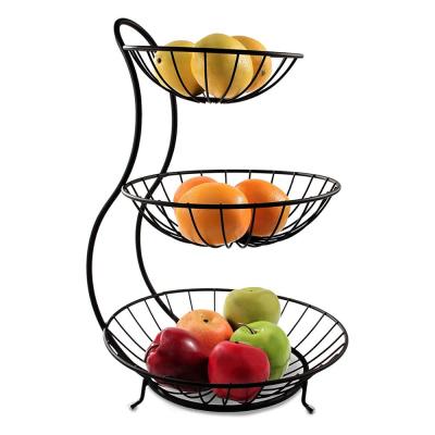 China Sustainable Wholesale Countertop Black 3 Tier Metal Wire Wrought Iron Fruit Basket Rack for sale