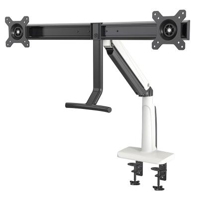 China Dual Metal Monitor Arm Mount with Crossbar 2 Piece Clamp Mount Base | Angled Link/Dynamic Link | Standard Black Vesa Bracket for sale