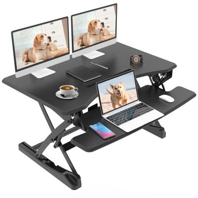 China Adjustable (Height) Stand Up Desk Converter 35 Inches Height Adjustable Sit To Stand Desk Riser Gas Springs Double Desk With Wide Keyboard Tray for sale