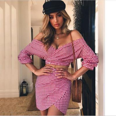 China 2019 Breathable Off The Shoulder V-Neck Plaid Printing Summer Wrap Women Dress for sale