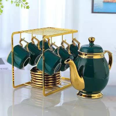 China Viable Tea Sets Teapot And Cup Set Gold Rim Porcelain With Customized Box Green Blue Logo Coffee Packing Paper CIQ Ceramic Teapot Rose for sale