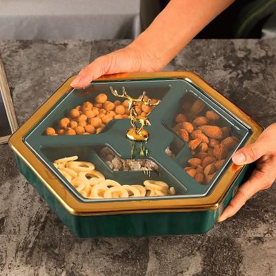 China Customized Dark Green 6 Sides Shaped Occasional Snack Tray Sugar Dish Candy Box Ceramic Fruit Tray Dried Fruit Box for sale