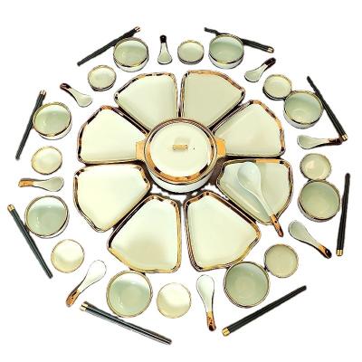 China European Light Luxury Reunion Series Fan Chart Shape Dinnerware Pale Ceramics Green Tableware Set for sale