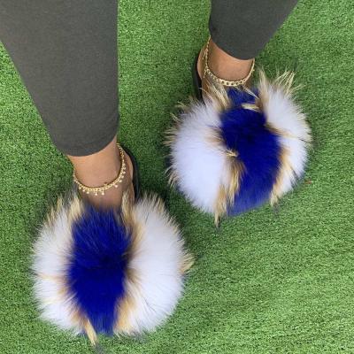 China 2022 fashion fur waterproof slippers for women and toddlers smudge real fur slippers women soft raccoon real fur slips custom logo for sale