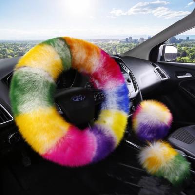 China Fuzzy Long Wool Sheep Fur Plush Protector Cover Kit Handbrake Steering Wheel Cover Woolen Fluffy Soft Warm Car Accessory Kit for sale