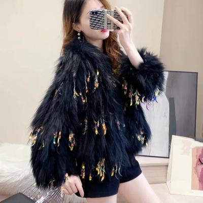 China Customized Warm Women Long Sleeve Winter Raccoon Fur Jacket Waterproof Women Coat Fashion Ladies Fur Jacket for sale