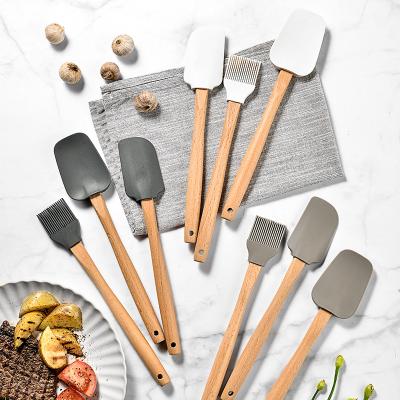 China Wooden Handle Spatula Viable Oil Brush Silicone Tool Cake Cream Baking Spatula Set Three-Piece for sale