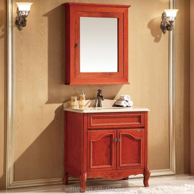 China 32 Inch Modern Marble Stone Top Single Sink Bathroom Vanity With Red Oak Finish Cabinet for sale