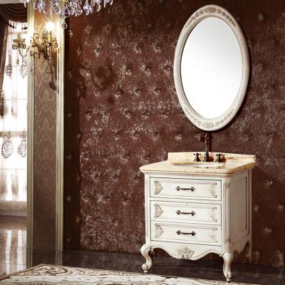 China CLASSIC Antique Luxury French Style Distressed Wooden Bathroom Vanity With Natural Marble Countertop WTS606 for sale