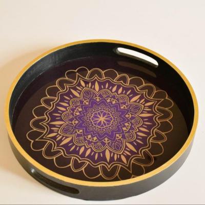 China Moroccan Style Handmade Black Log Sight Glass Printing Serving Trays With Gold Edge for sale