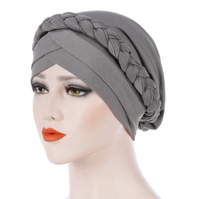 China Gray Hijab Stretch Winter Knitted Braid Style Fashion Women Muslim Hat Eco-friendly African National Turban Hat Hood for sale