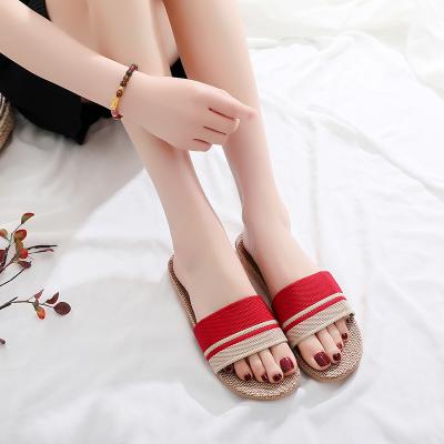 China Home 2022 New Design Summer Wholesale Home Bedroom Flat EVA Flax Candy Colors Thicken Slippers for Men and Women for sale