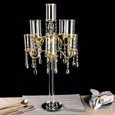 China 9 European Cheap Crystal Glass Huricane Wedding Arm Tall Candelabra Gold Candelabra for sale