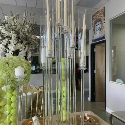 China Trendy 10am square base crystal candlesticks wedding floor candelabra with hurricanes on top for sale