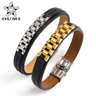 China OUMI Factory High Quality Stainless Classic Steel Engrave Gold Men's Genuine Leather Strap for sale