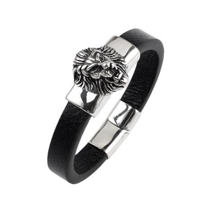 China OUMI Leather Bracelet With Stainless Clasp CLASSIC Magnetic Lion Head Bangle Jewelry For Men for sale