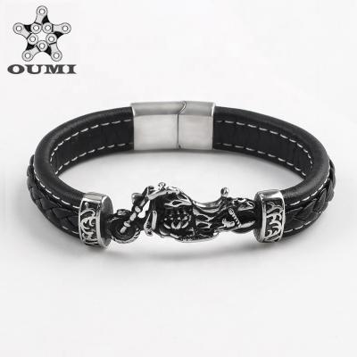 China OUMI Cool Stainless Steel Leather Stainless Steel Bracelet with Magnetic Clasp Motorcycle Bracelet for Men for sale