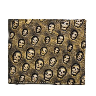 China RFID Fashion Customized Logo Skull Vintage Short Gold Mens Genuine Leather Wallet With Rfid Blocking Card Holder for sale