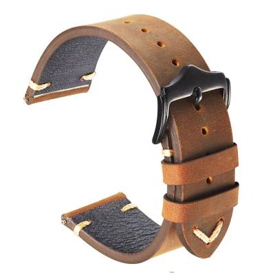 China Wholesale Retro Vintage Crazy Horse Leather Watchbands Belt 20mm Brown Unisex Genuine Leather Watch Bands Soft Brown 22mm for sale