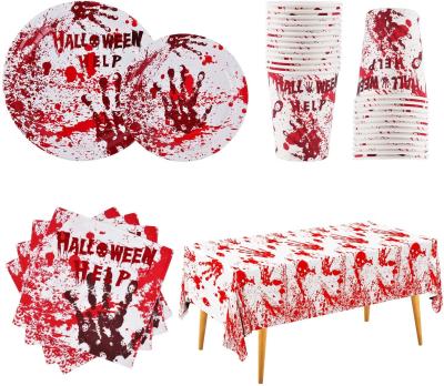 China Party Decoration Halloween Party Supplies Bloody Hand Print Paper Plates Napkins Disposable Cups With Waterproof Plastic Tablecloth For Spooky for sale