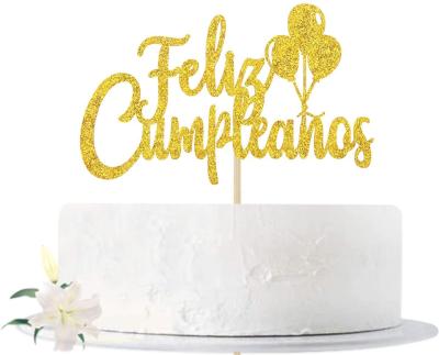 China Party Decoration Gold Glitter Feliz Cumpleanos Cake Topper for Fiesta Theme Party Decors, Spanish Happy Birthday Party Sign Supplies for sale