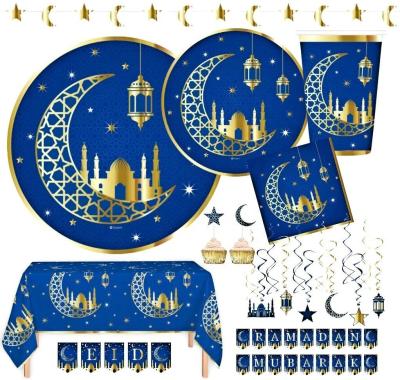 China Ramadan and Eid Mubarak Decorations Banners Dinner Plates Cups for Ramadan or Eid Party Gold Ramadan Eid Mubarak Party Decoration Tableware for sale