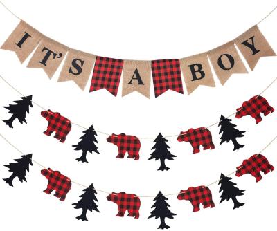 China Lumberjack Theme Baby Shower Banner Lumberjack Party Decoration He's a Boy Banner Garland Buffalo Plaid Woodland Animal Camping Banner for sale