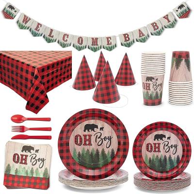 China Party supplies party decoration buffalo plaid party supplies red lumberjack tableware set and tablecloth baby shower boy plaid for sale